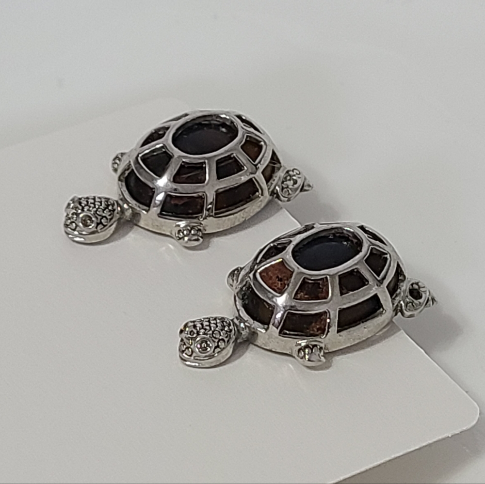 Vintage Silver Brown Enamel Turtle Tortoise Shell Clip On Statement Earrings
